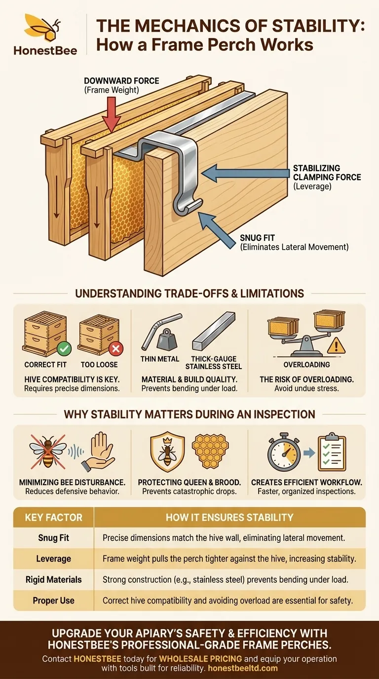 How does the frame perch ensure stability during use? Secure Your Hive Inspections with Physics-Driven Design Visual Guide