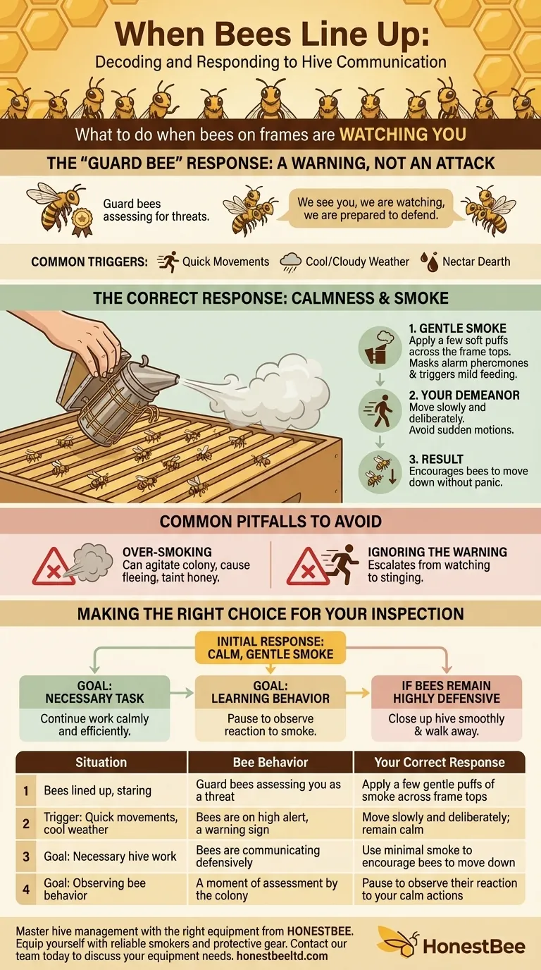 What should you do if you see bees lined up between the frames looking at you? A Guide to Calm and Safe Hive Inspections Visual Guide