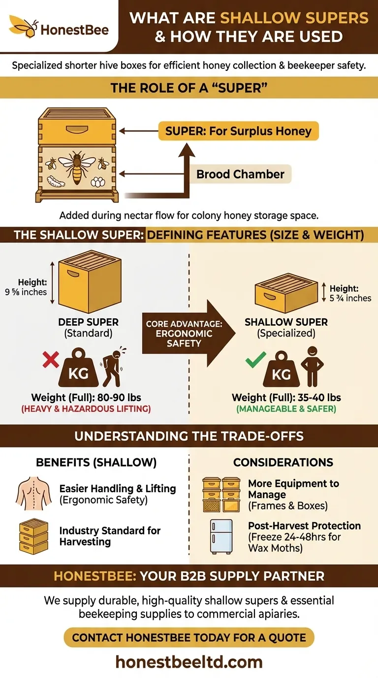 What are shallow supers, and how are they used in beekeeping? A Guide to Safer, Lighter Honey Harvesting Visual Guide