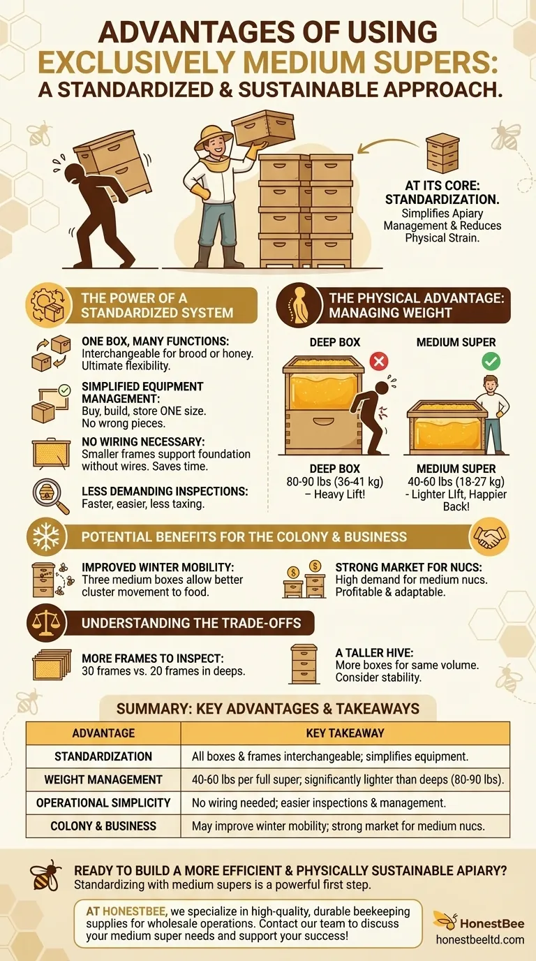 What are the advantages of using medium supers exclusively? Standardize for Simpler, Safer Beekeeping Visual Guide