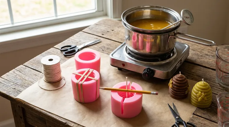 What is the step-by-step process for making a beeswax candle using a silicone mold? A Guide to Perfect Results