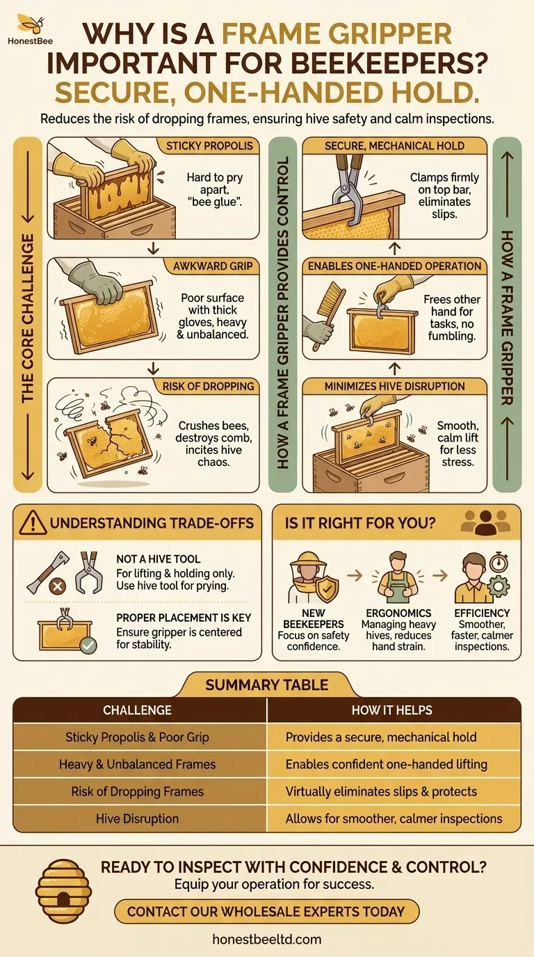 Why is a frame gripper important for beekeepers? Achieve Secure, One-Handed Frame Control Visual Guide