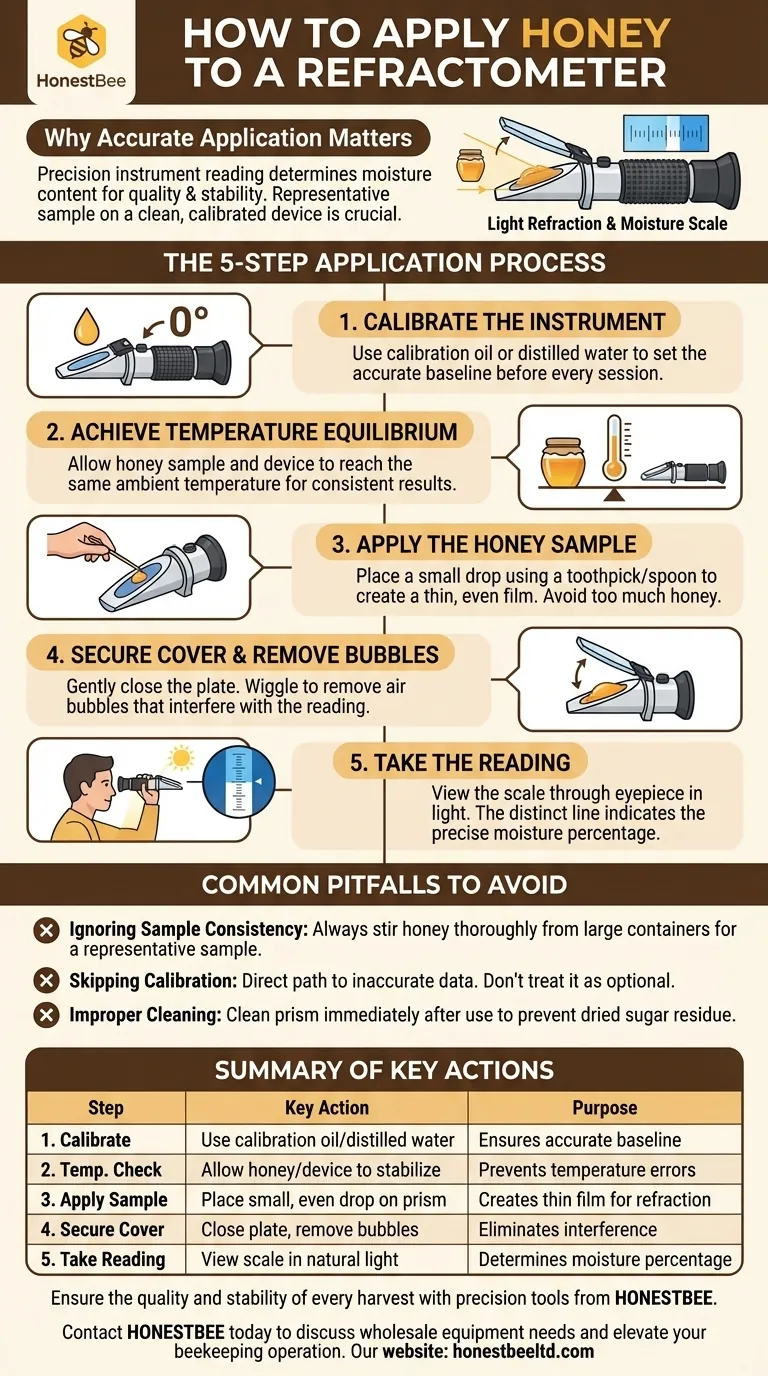 How is honey applied to the refractometer? Ensure Accurate Moisture Content Measurement Visual Guide
