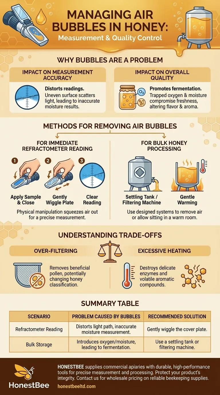 What should be done if air bubbles are present in the honey sample? Ensure Accurate Moisture Readings Visual Guide