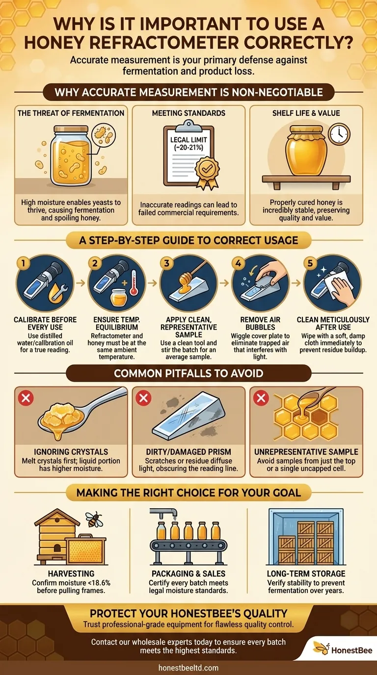 Why is it important to use a honey refractometer correctly? Protect Your Harvest from Fermentation Visual Guide