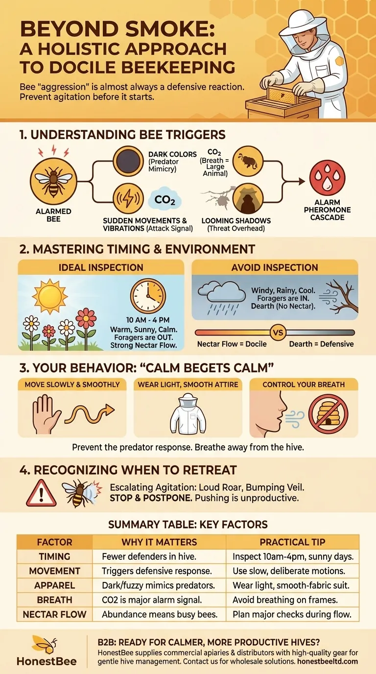 연기 외에 벌을 온순하게 유지하기 위한 추가 고려 사항은 무엇인가요? 침착한 벌통 검사 마스터하기 시각적 가이드