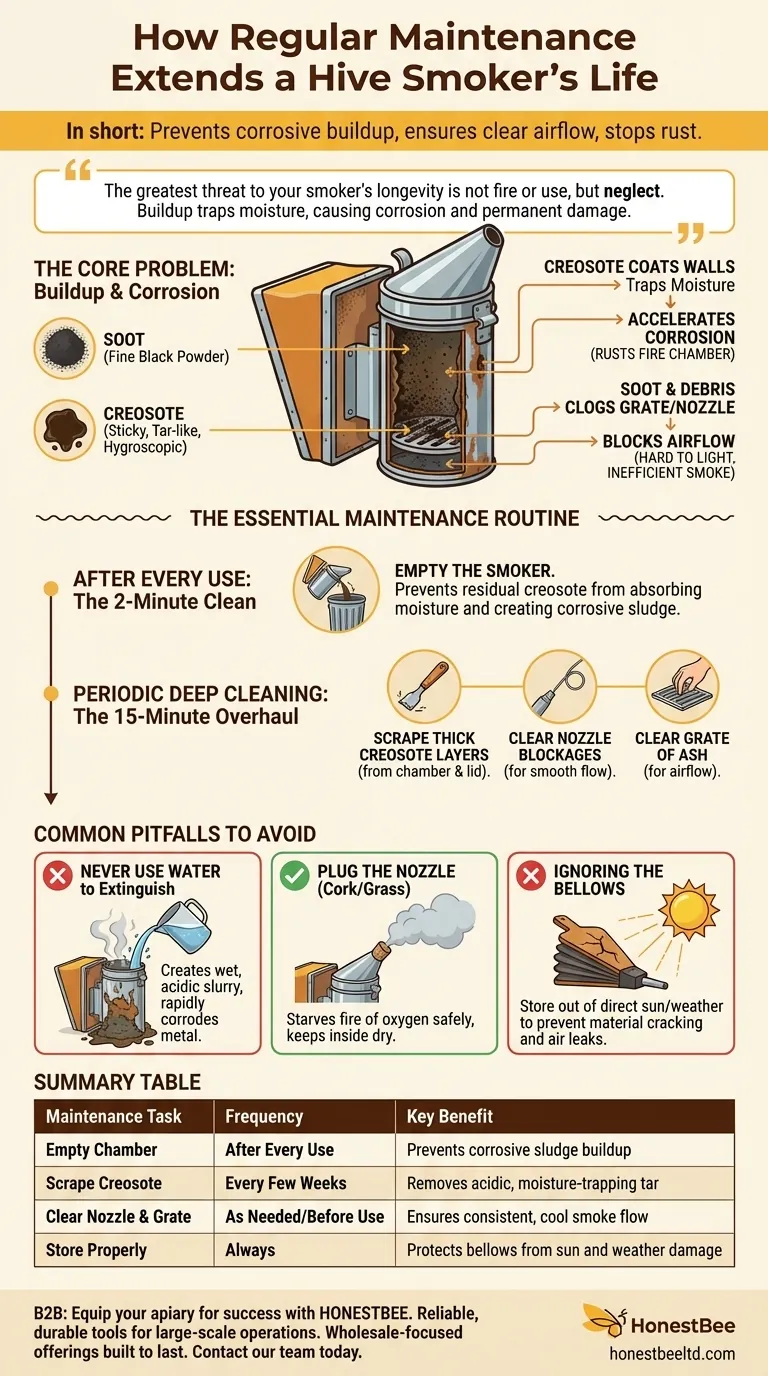 How can regular maintenance extend the life of a hive smoker? Prevent Corrosion and Ensure Reliable Smoke Visual Guide