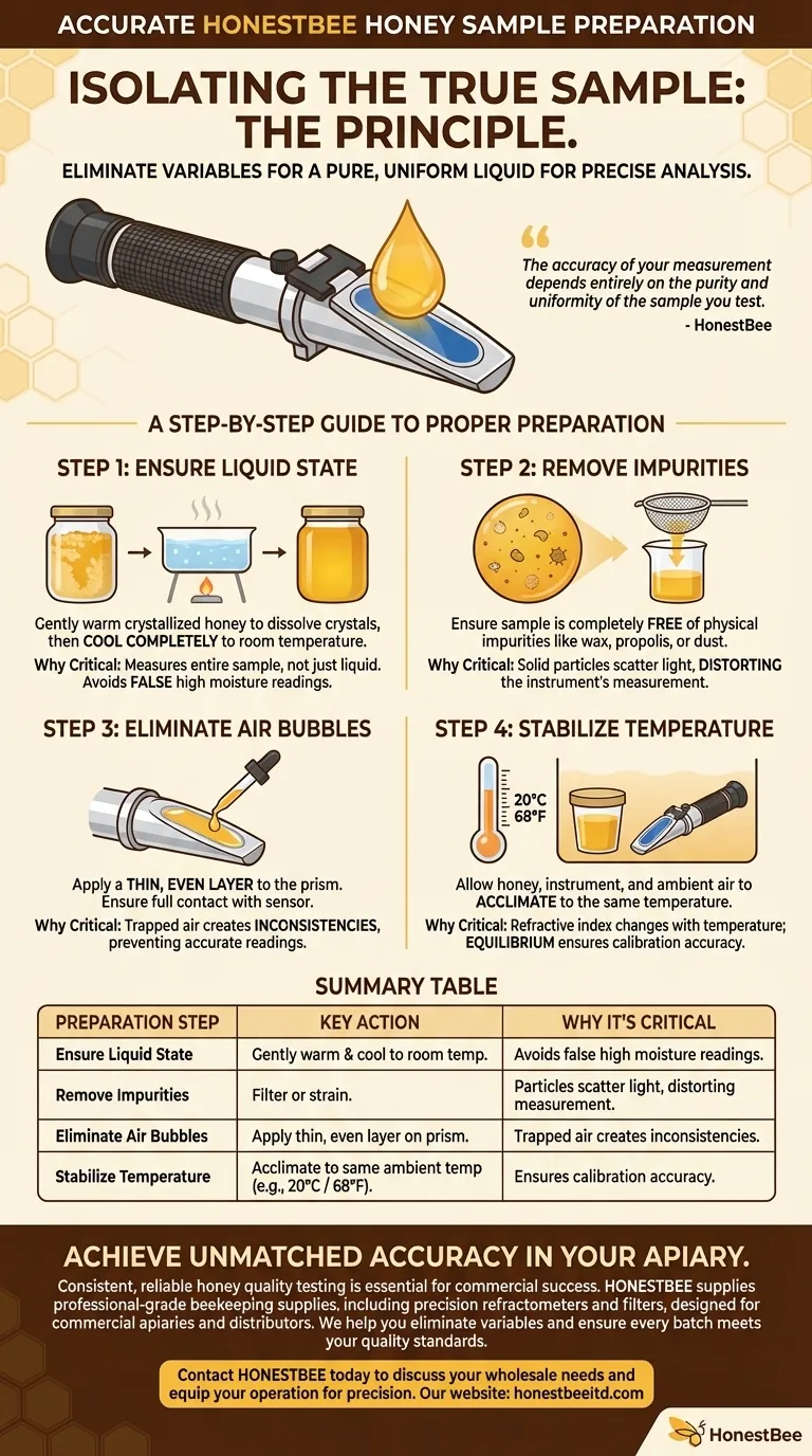 Comment un échantillon de miel doit-il être préparé pour des lectures précises ? Assurer la pureté et la stabilité de la température Guide Visuel
