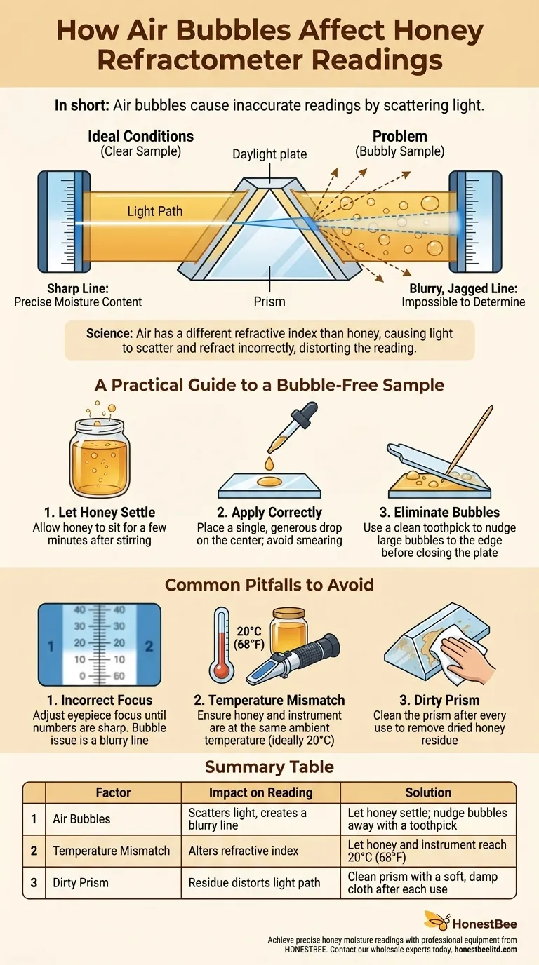 How can air bubbles affect the reading of a honey refractometer? Ensure Accurate Moisture Measurement Visual Guide