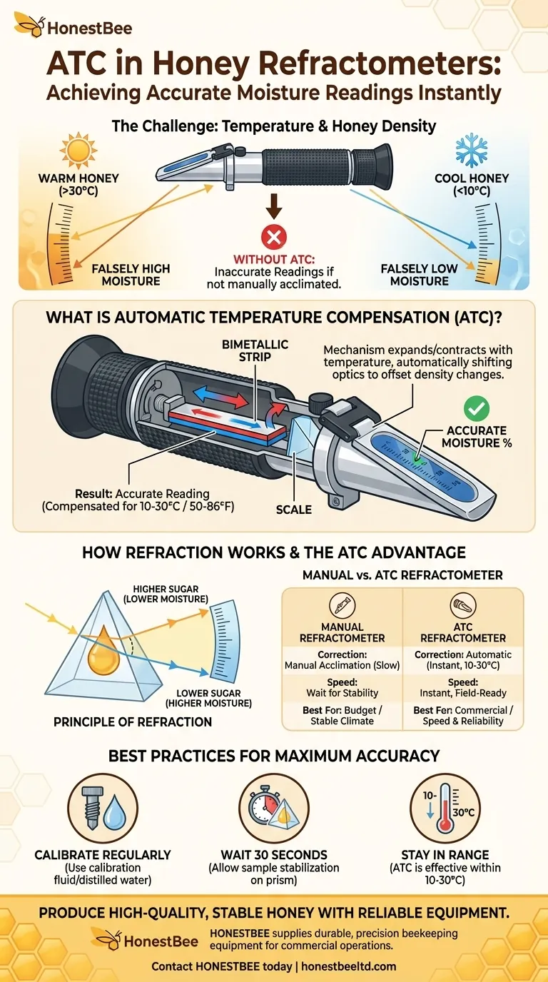 What is Automatic Temperature Compensation (ATC) in a honey refractometer? Get Accurate Moisture Readings Instantly Visual Guide