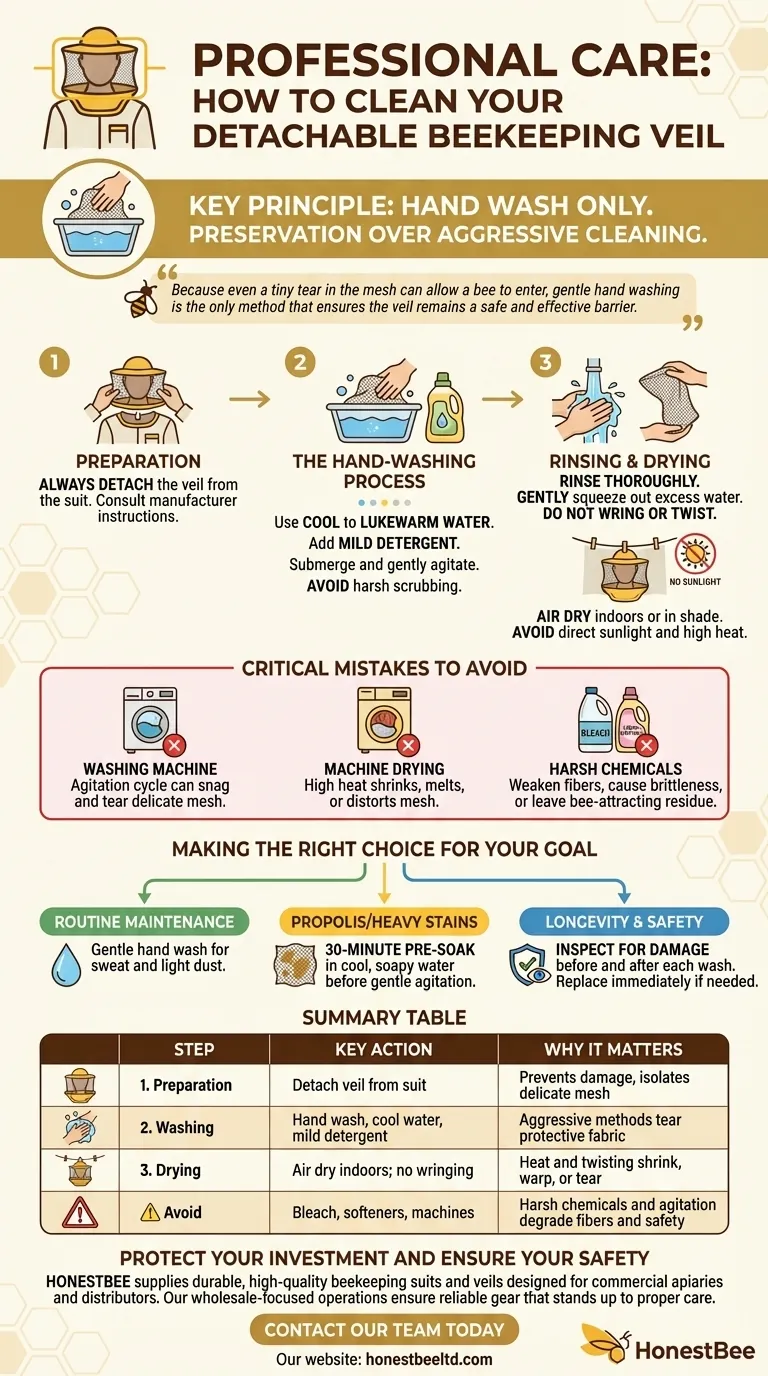 How should the detachable veil of a beekeeping suit be cleaned? Protect Your Gear and Your Safety Visual Guide