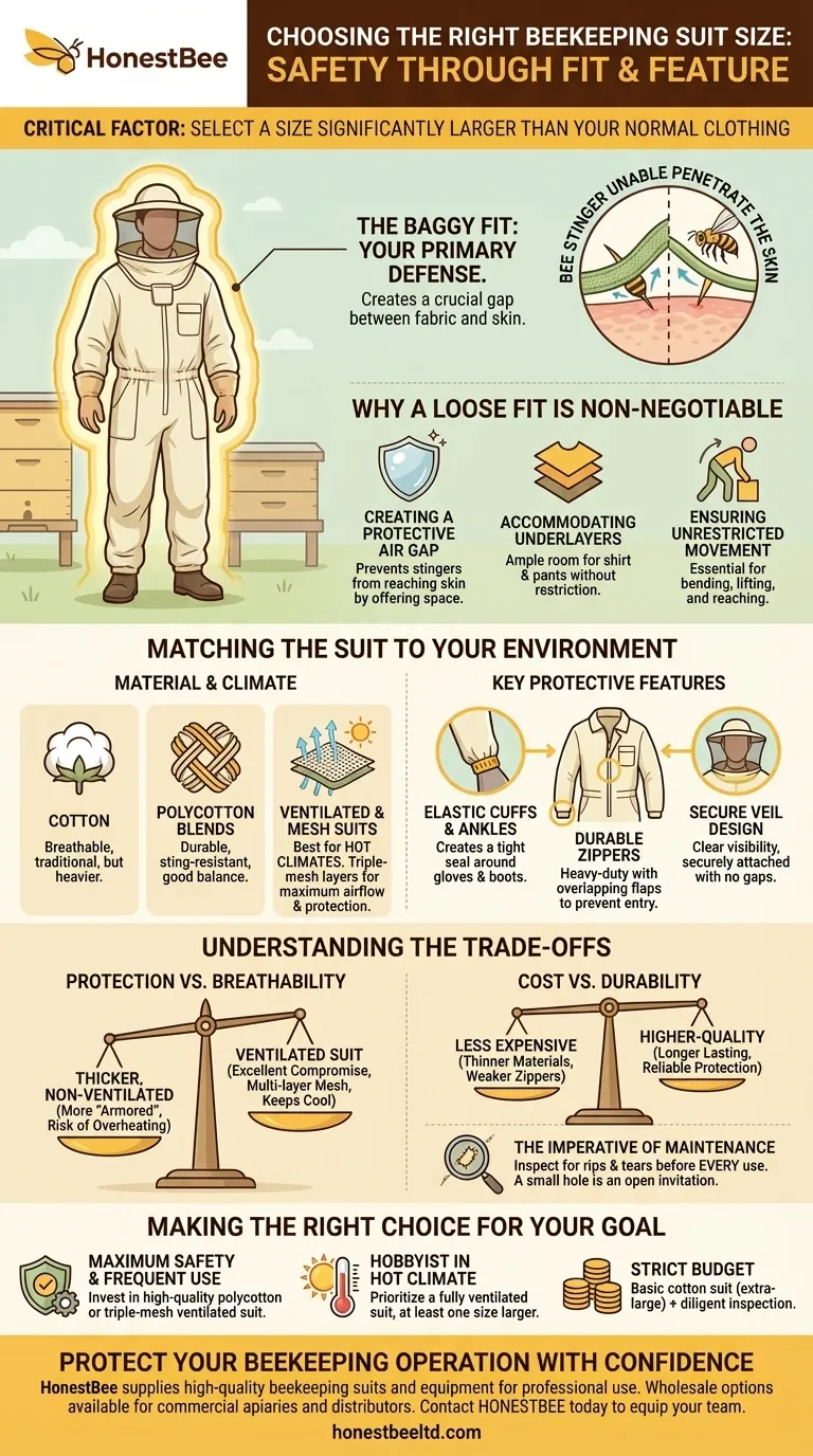 What should be considered when choosing a beekeeping suit size? Prioritize a Loose Fit for Maximum Safety Visual Guide