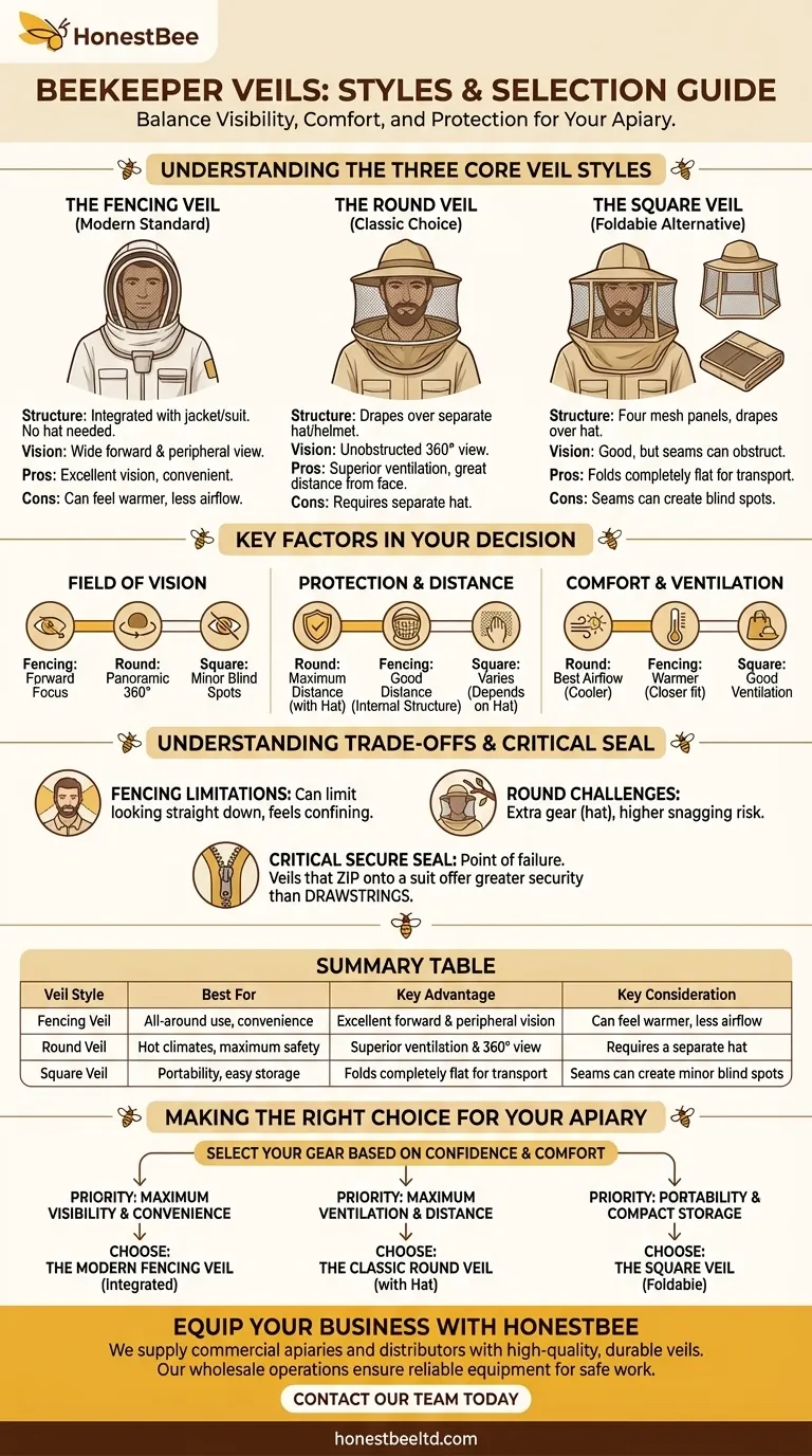 Quais são os diferentes estilos de véus para apicultores? Escolha a Melhor Proteção para o Seu Apiário Guia Visual