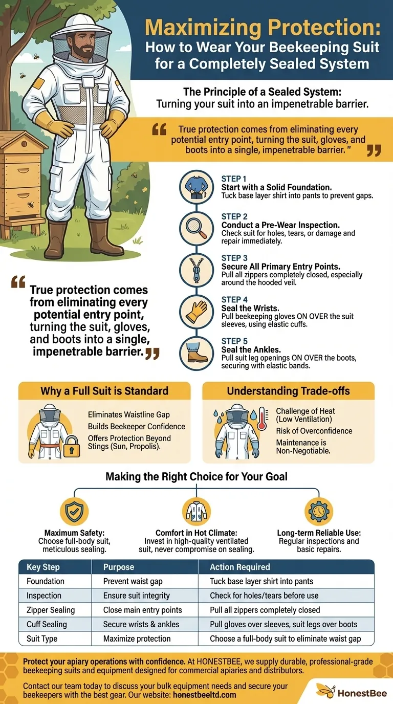 How should a beekeeping suit be worn to ensure maximum protection? Master the Sealed System Technique Visual Guide