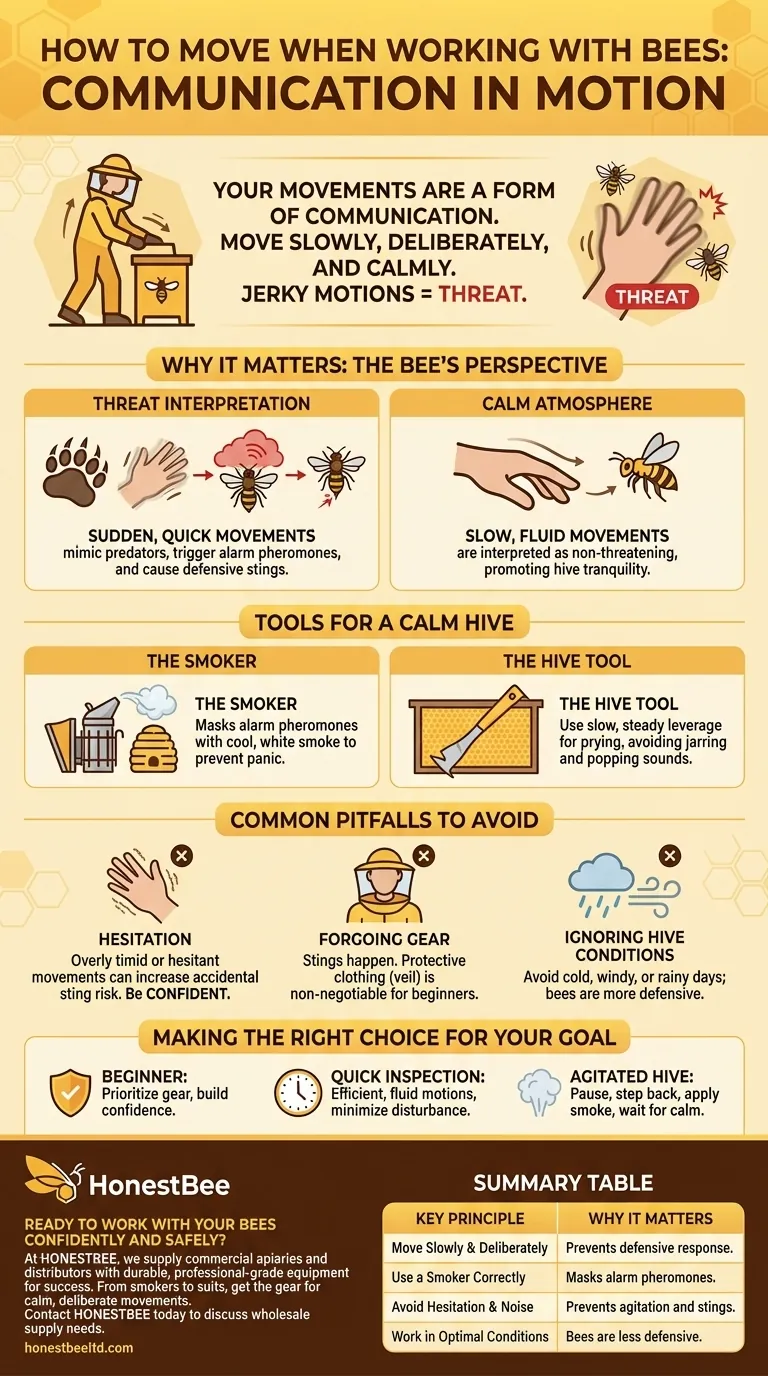 How should one move when working with bees? Master Calm, Deliberate Movements for a Peaceful Hive Visual Guide