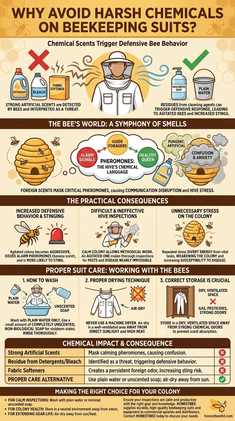 양봉복에 독한 화학 물질을 사용하지 말아야 하는 이유는 무엇일까요? 벌집의 냄새 기반 조화를 보호하세요 시각적 가이드