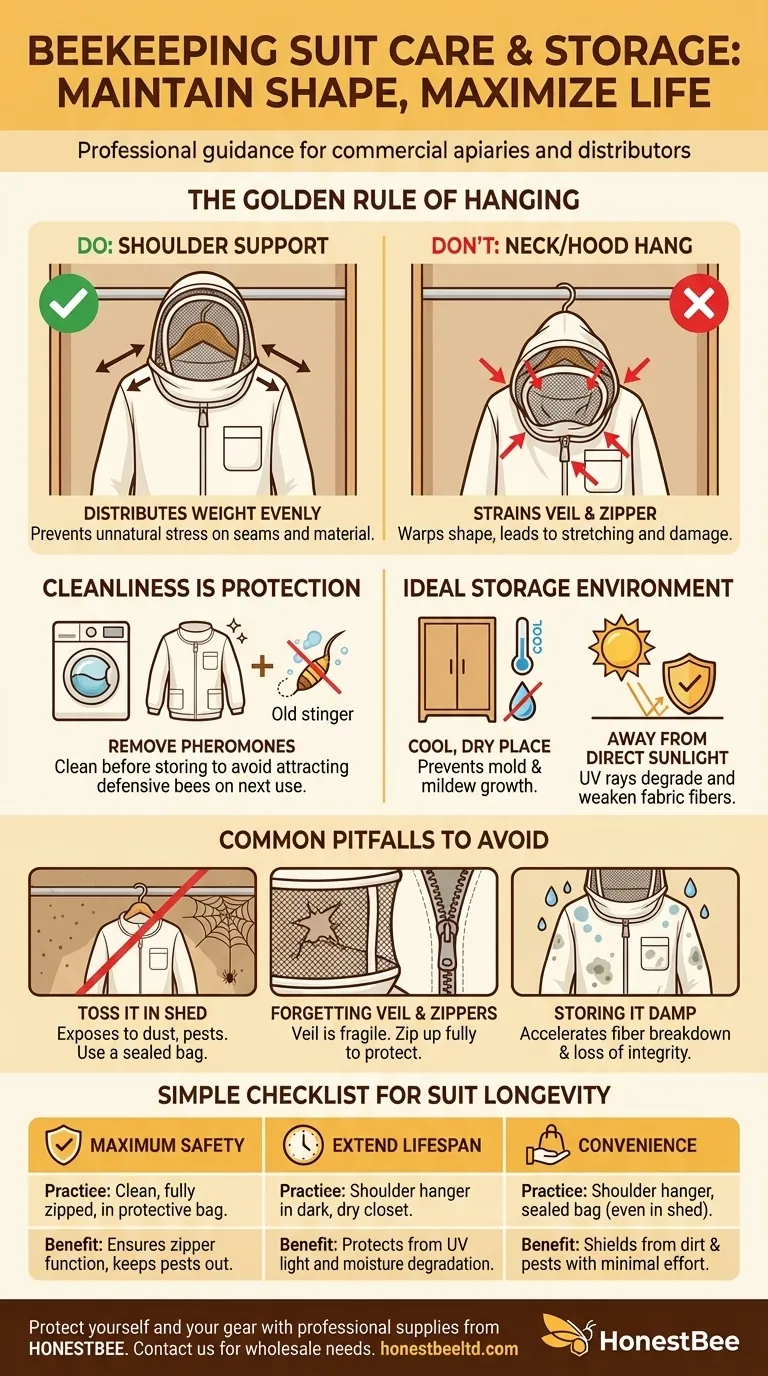 How should a beekeeping suit be hung to maintain its shape? Protect Your Investment with Proper Storage Visual Guide