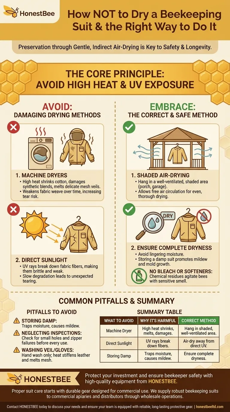 ¿Qué se debe evitar al secar un traje de apicultura? Proteja su equipo y su seguridad Guía Visual