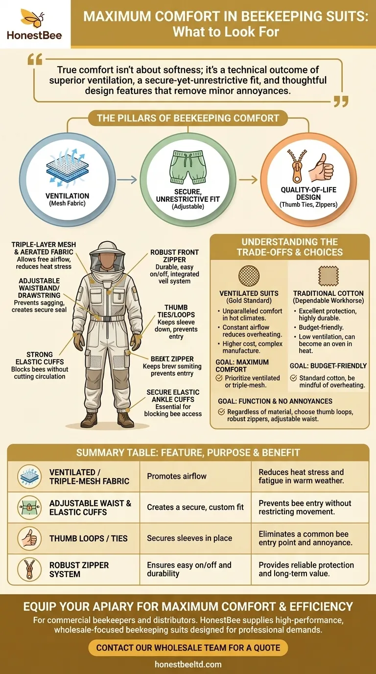 What features should be looked for in a beekeeping suit for maximum comfort? Prioritize Ventilation and Fit Visual Guide