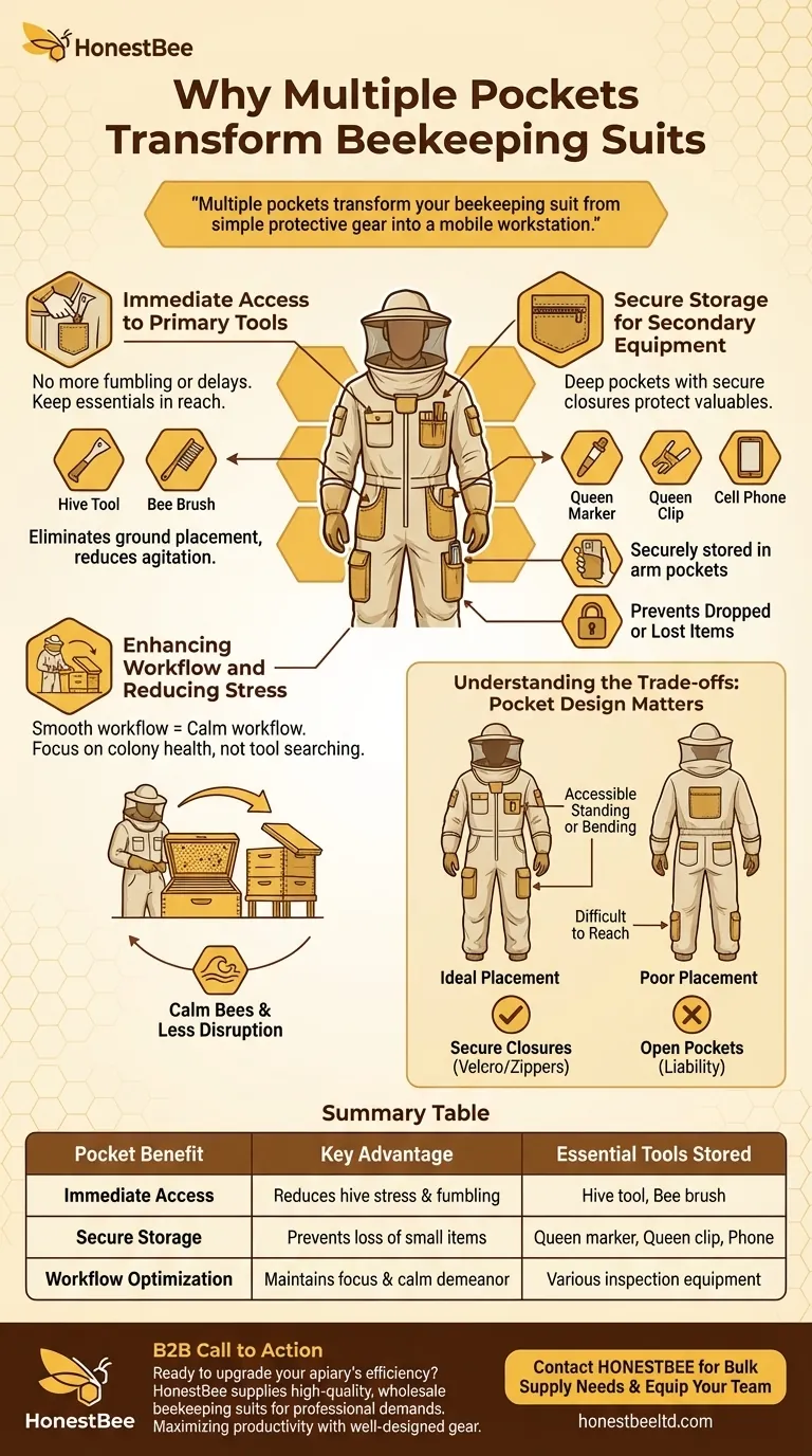 Why are multiple pockets beneficial in a beekeeping suit? Transform Your Suit into a Mobile Workstation Visual Guide