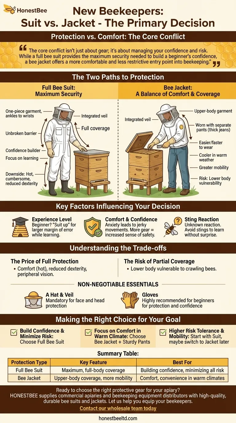 新养蜂人面临的关于防护服的主要决定是什么？连体蜂服 vs. 蜂服夹克 图解指南
