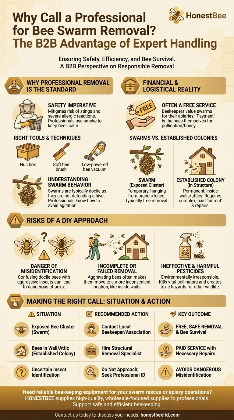 What is the advantage of calling a swarm removalist instead of handling bees yourself? Ensure Safe, Humane Bee Relocation Visual Guide