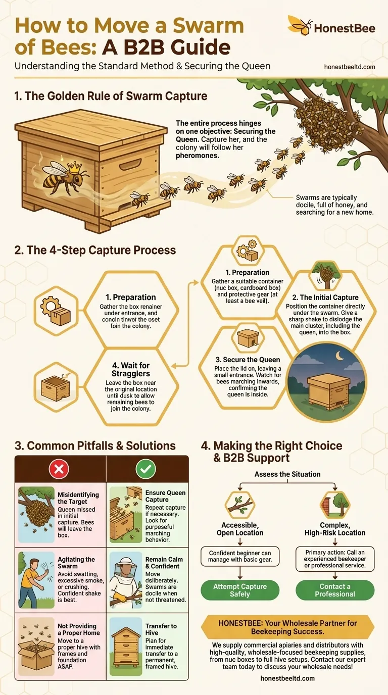 What is the typical method for moving a swarm of bees? Capture the Queen for a Safe & Easy Transfer Visual Guide