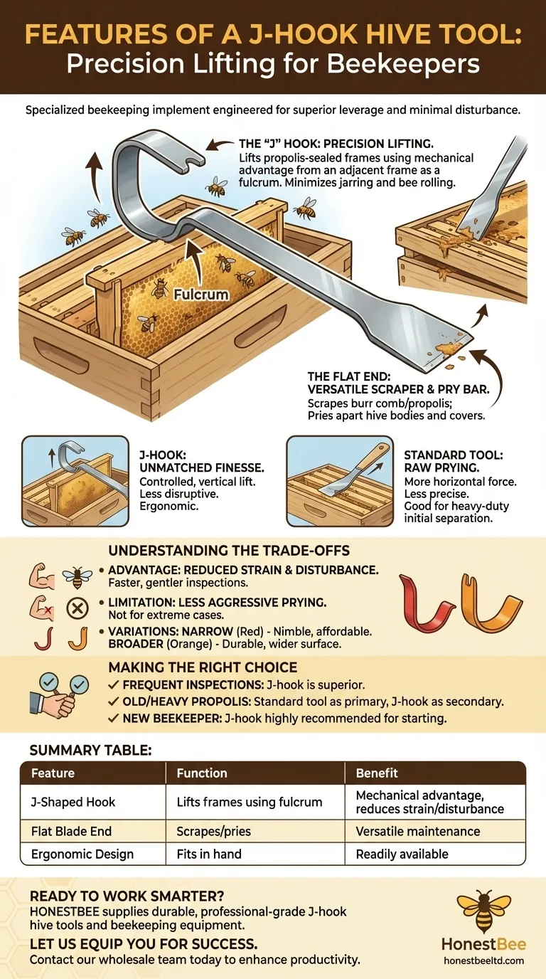What are the features of a J-hook hive tool? Effortlessly Lift Frames with Superior Leverage Visual Guide