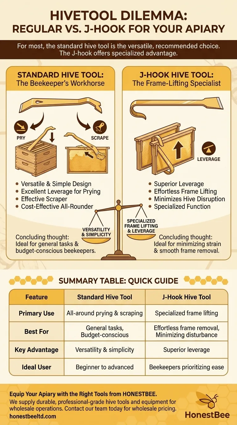 Devo comprar uma espátula de colmeia comum ou com gancho em J? Escolha a Ferramenta Certa para as Suas Necessidades de Apicultura Guia Visual