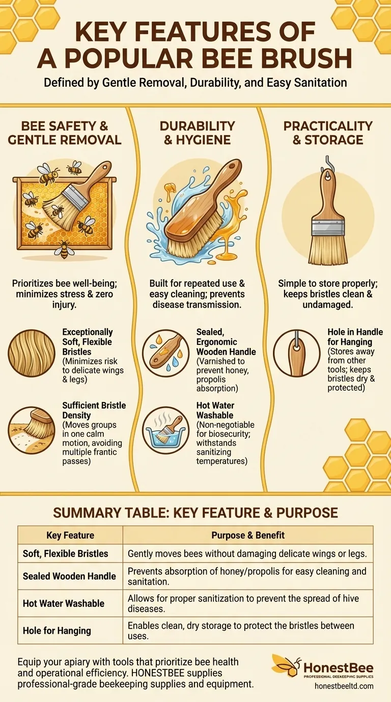 What are the key features of a popular bee brush? Essential Design for Bee Safety and Hive Hygiene Visual Guide