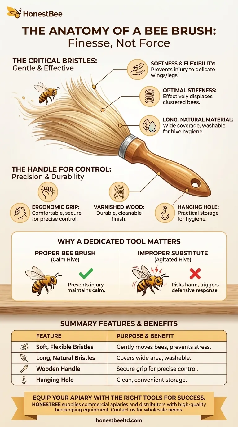 What are the characteristics of a bee brush's bristles and handle? Gentle Tools for Healthy Hives Visual Guide
