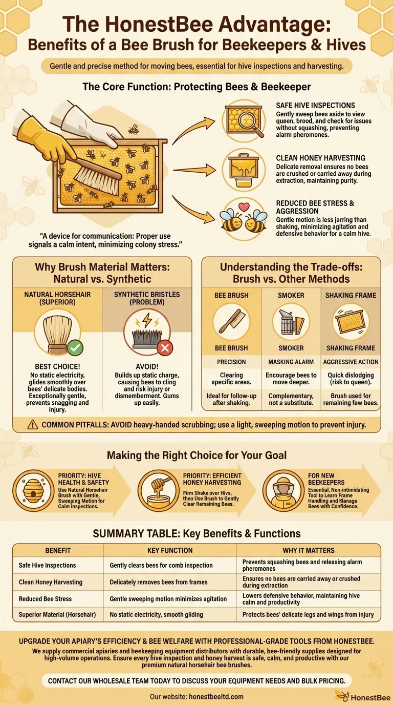 How does using a bee brush benefit beekeepers and the hive? Achieve Gentle, Stress-Free Hive Management Visual Guide