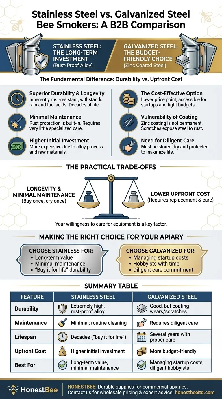 Quali sono le differenze tra gli affumicatori per api in acciaio inossidabile e quelli in acciaio zincato? Scegli l'affumicatore giusto per il tuo apiario Guida Visiva