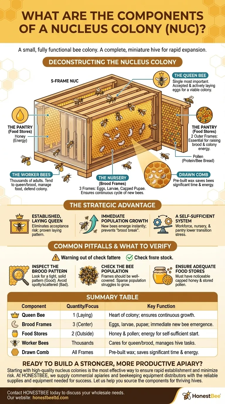 What are the components of a nucleus colony (nuc)? Build a Thriving Hive from Day One Visual Guide