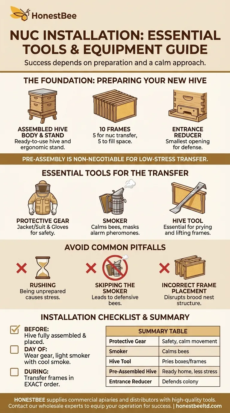 핵심 군집(nuc) 설치에 필요한 도구와 장비는 무엇인가요? 원활한 벌통 준비 가이드 시각적 가이드
