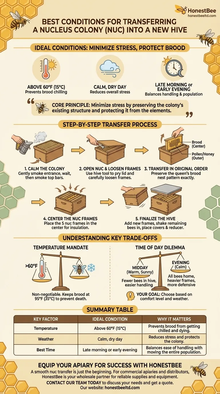 핵심 군집(nuc)을 새 벌통으로 옮기기에 가장 좋은 조건은 무엇입니까? 스트레스 없는 벌통 설치를 보장하세요 시각적 가이드