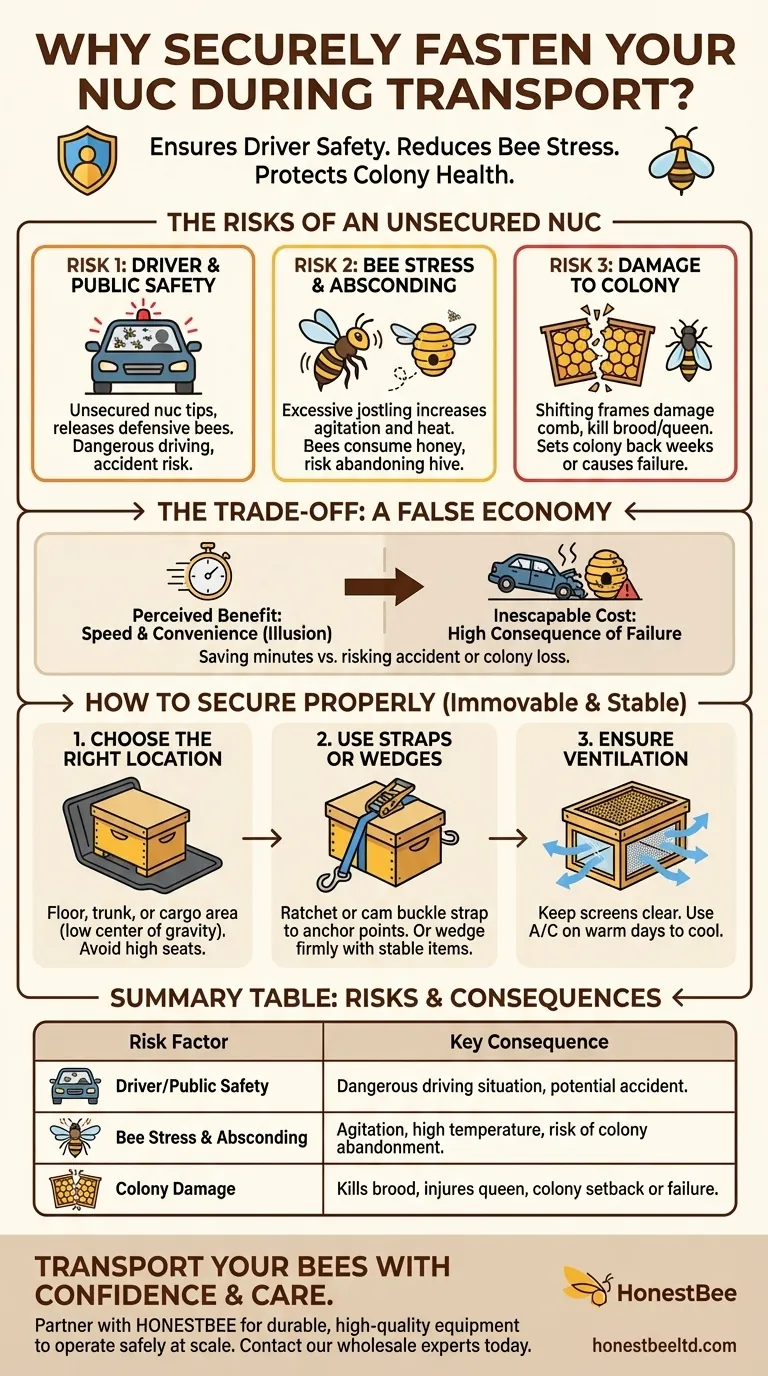 Why is it important to securely fasten the nuc in the vehicle? Ensure Safe Transport for Bees and Beekeeper Visual Guide