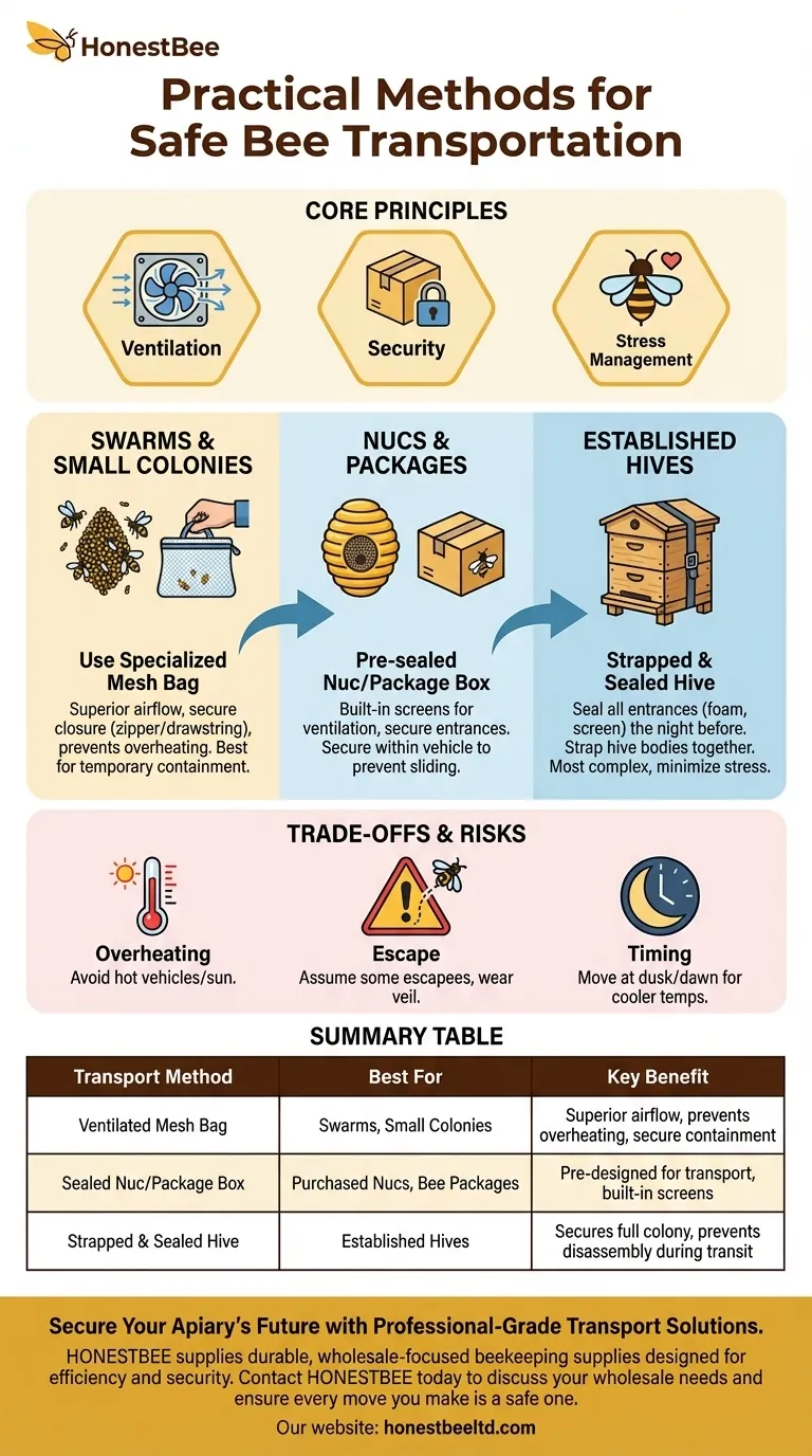What is a practical method for transporting bees safely? Ensure Colony Security with Ventilated Mesh Bags Visual Guide