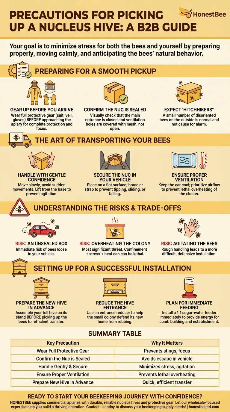 Que precauções você deve tomar ao pegar uma colmeia núcleo (nucleus hive)? Garanta uma Transferência Segura e Livre de Estresse Guia Visual