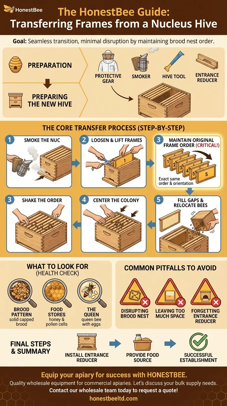 What is the process for transferring frames from a nucleus hive to a new hive? A Step-by-Step Guide for a Stress-Free Colony Move Visual Guide