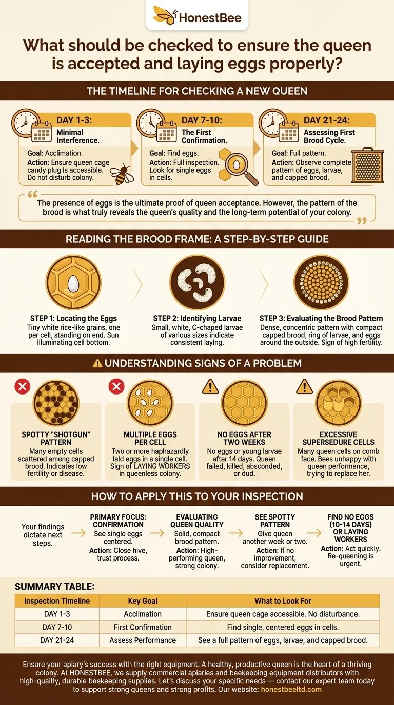 여왕벌이 잘 받아들여지고 산란을 제대로 하는지 확인하려면 무엇을 확인해야 할까요? 봉군 번식 성공을 위한 양봉가 가이드 시각적 가이드