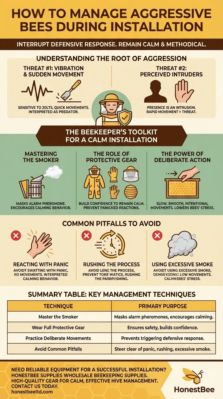 How can aggressive bees be managed during installation? Ensure a Calm and Safe Hive Setup Visual Guide