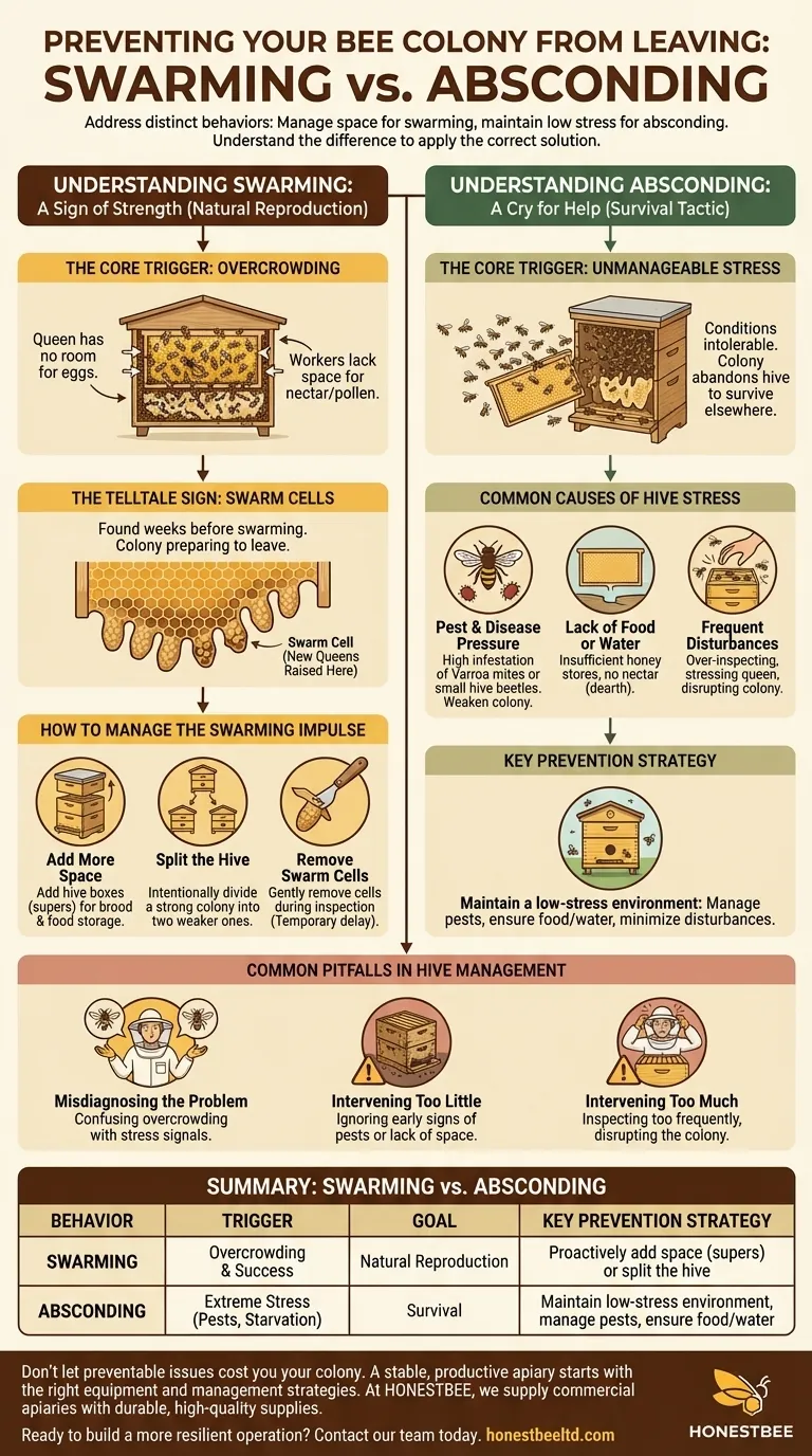 How can swarming or absconding be prevented in a bee colony? Keep Your Hive Thriving with Proactive Management Visual Guide