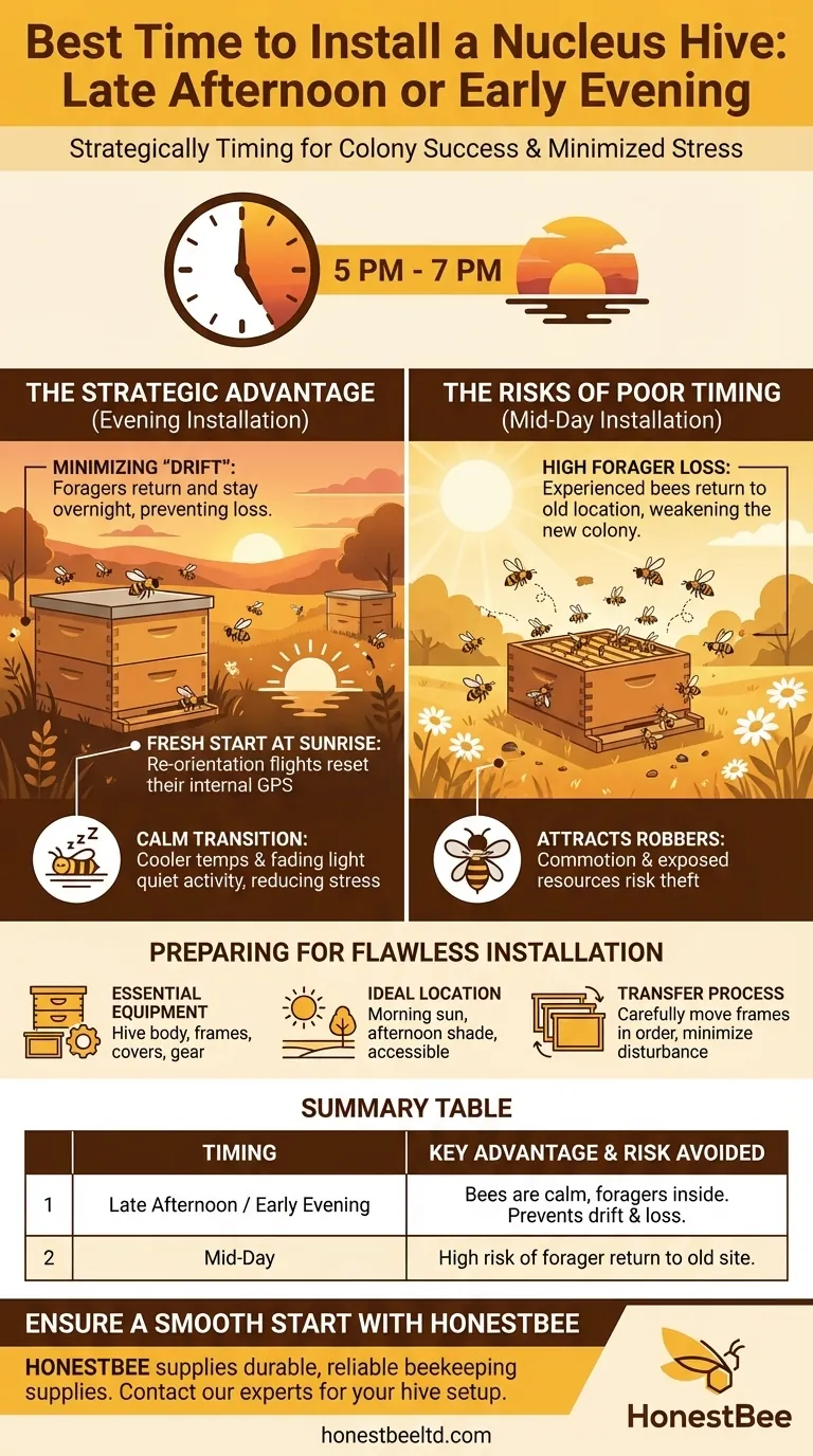 Qual è il momento migliore della giornata per installare un alveare nucleo? Ottenere un trasferimento di colonia calmo e di successo Guida Visiva