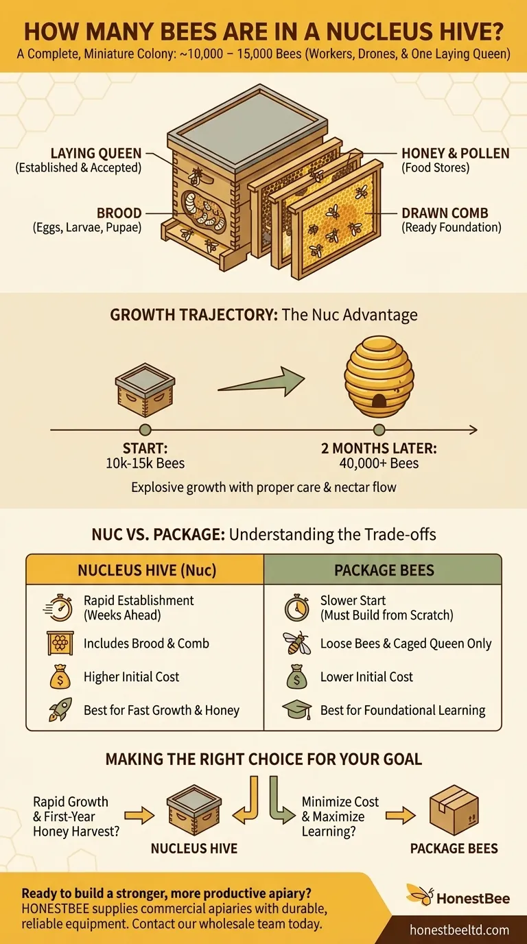 How many bees are in a nucleus hive? Get a Head Start with 10,000-15,000 Bees Visual Guide