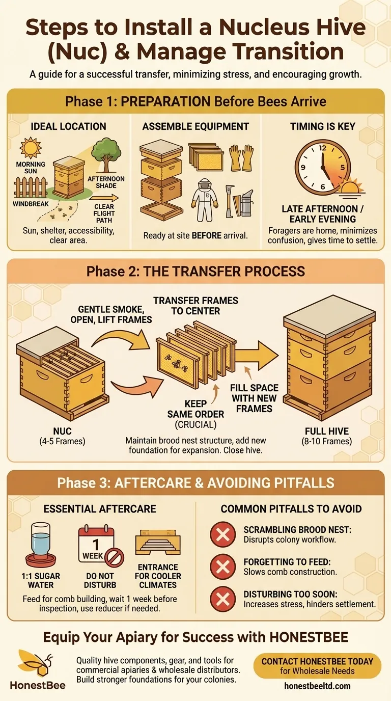 핵심 벌통(nucleus hive)을 설치하는 단계는 무엇인가요? 스트레스 없는 군체 이동 가이드 시각적 가이드