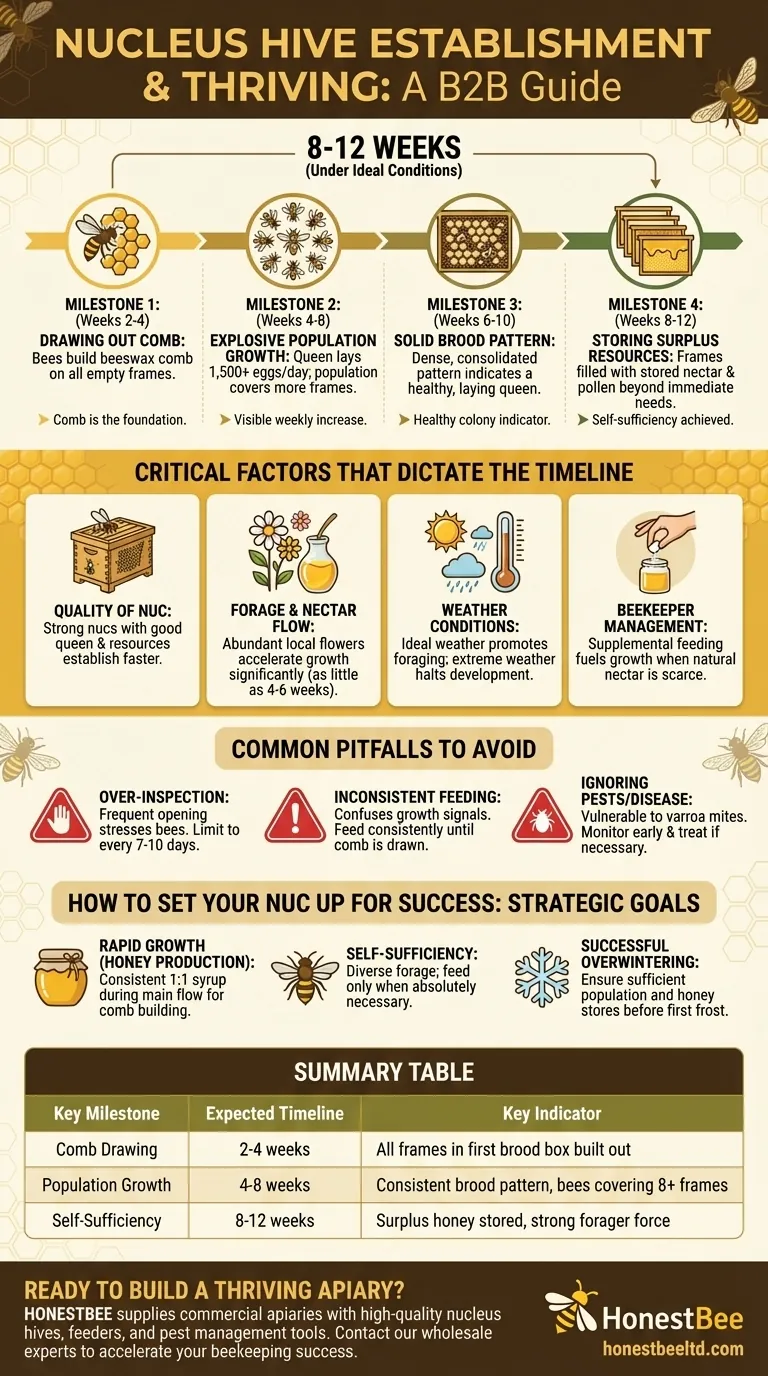 핵 군집(nucleus hive)이 자리 잡고 번성하는 데 얼마나 걸립니까? 8~12주 안에 생산적인 군집을 달성하세요 시각적 가이드