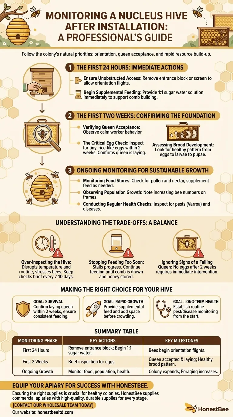 How should the progress of a nucleus hive be monitored after installation? A Beekeeper's Step-by-Step Guide Visual Guide