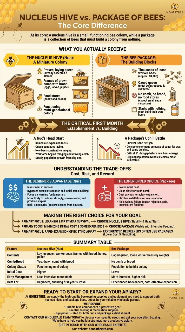 What are the main differences between a nucleus hive and a package of bees? A Guide to Starting Your Hive Visual Guide