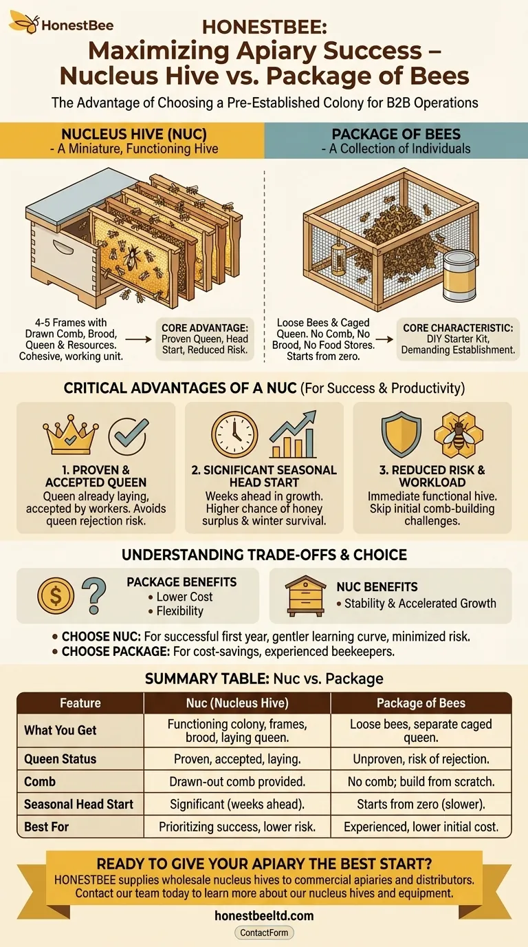 What are the advantages of choosing a nucleus hive over a package of bees? Get a Head Start with a Pre-Established Colony Visual Guide